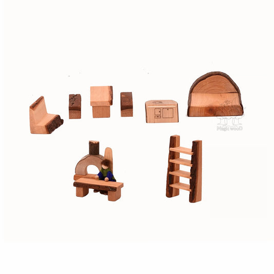 Magic Wood Set of natural wooden shire or dollhouse furniture pieces including a desk chair, table, benches, sofa, bookshelf, fireplace and stove
