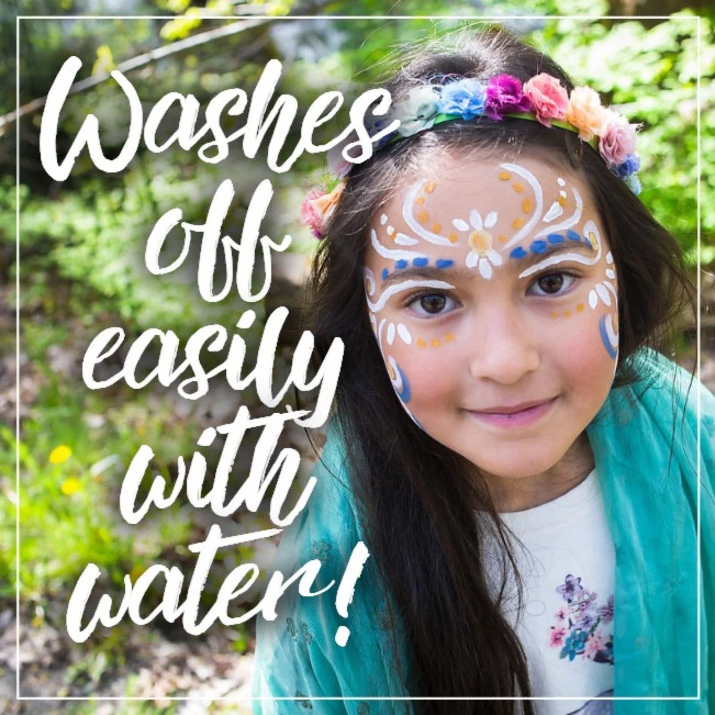 Young girl with Natural Earth face paint with text 'Washes off easily" water'.