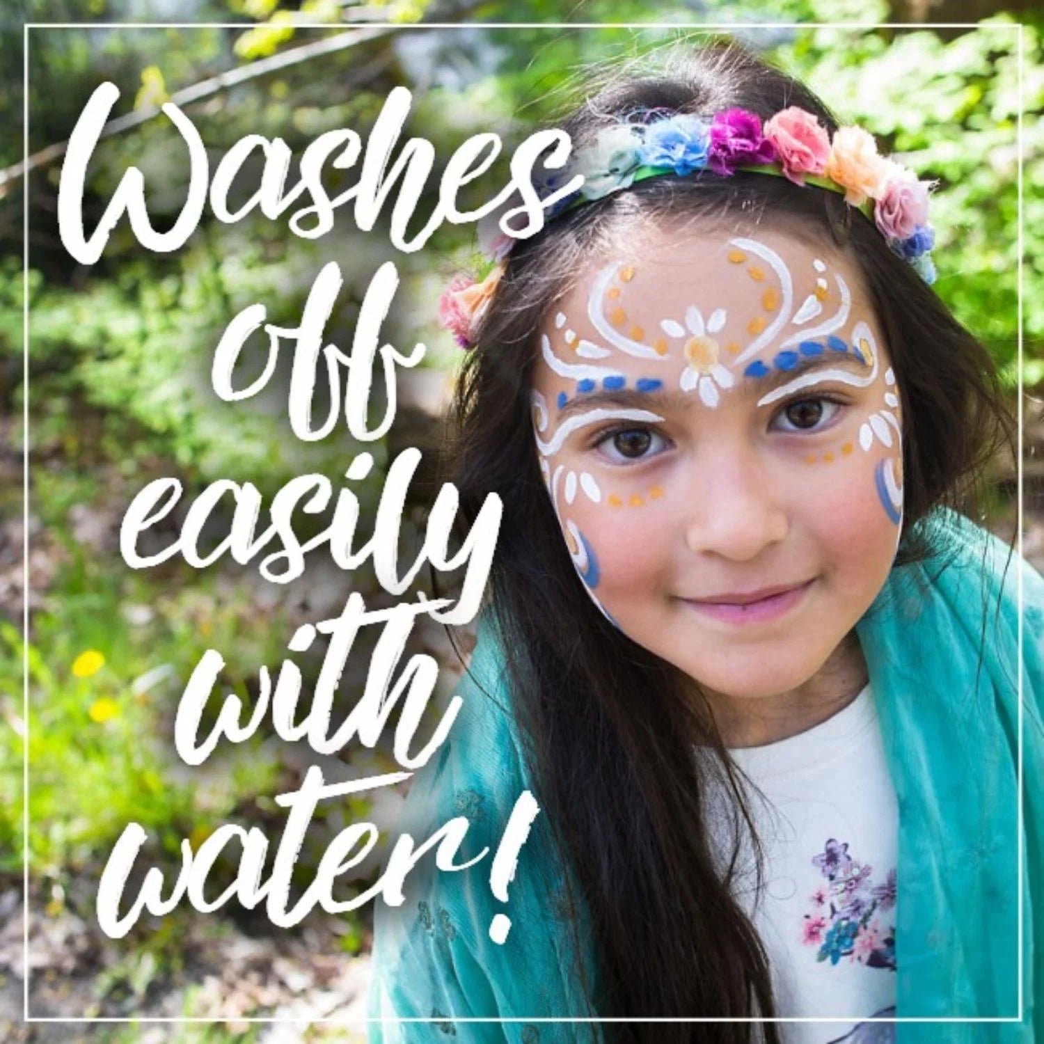 Young girl with Natural Earth face paint with text 'Washes off easily" water'.