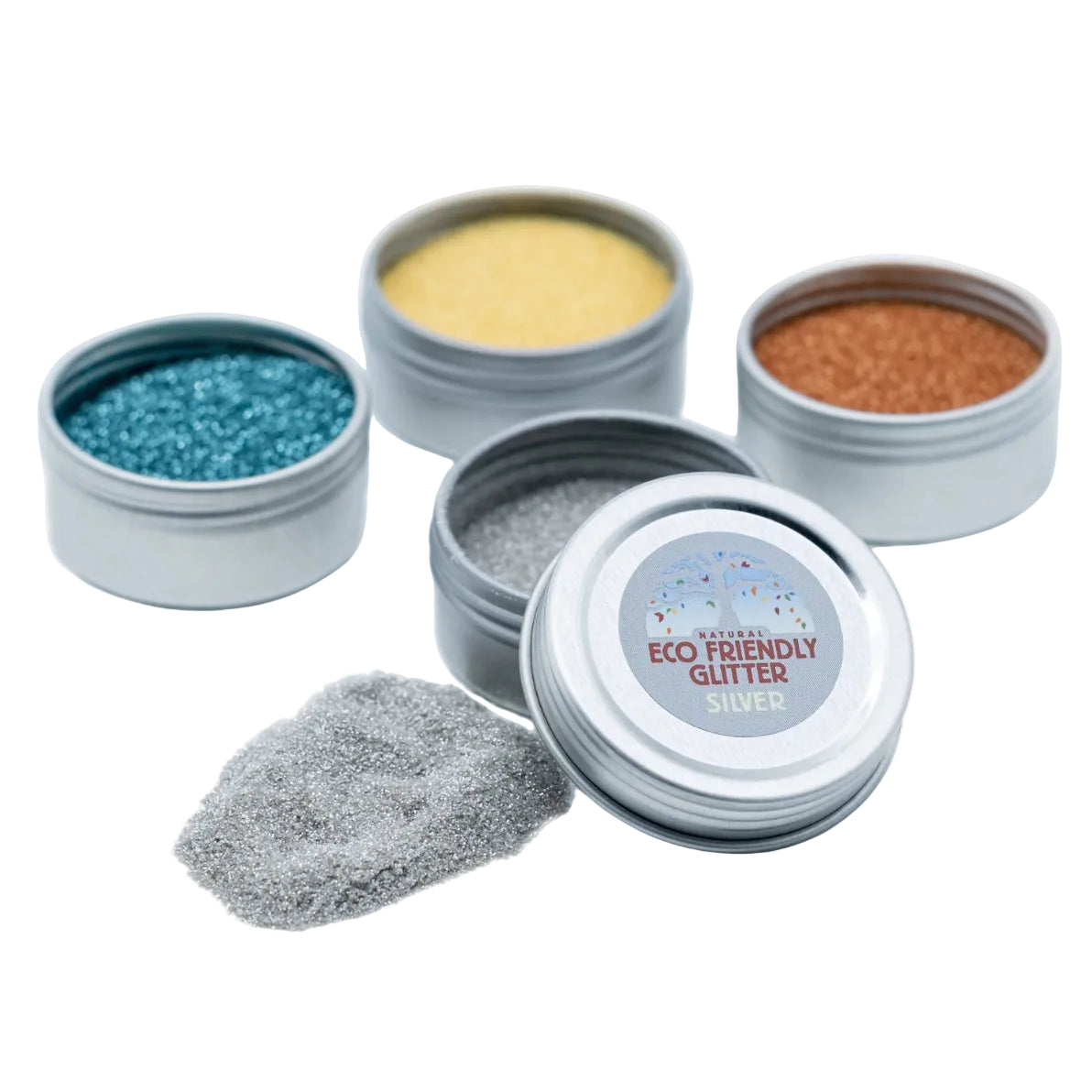 Set of Natural Earth face paint eco-friendly glitter containers of gold, silver, turquoise, and bronze