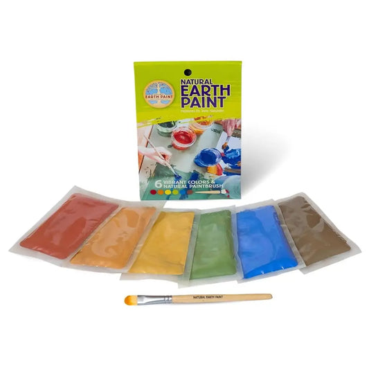 Set of natural earth paint in various colors with a brush on a white background