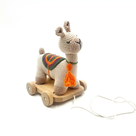 Pebble crochet llama plush and wood toddler pull toy