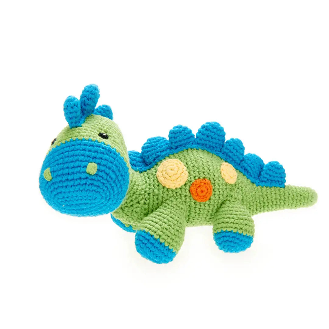 Hand Crocheted Baby Stegosaurus dinosaur rattle toy green with blue spikes