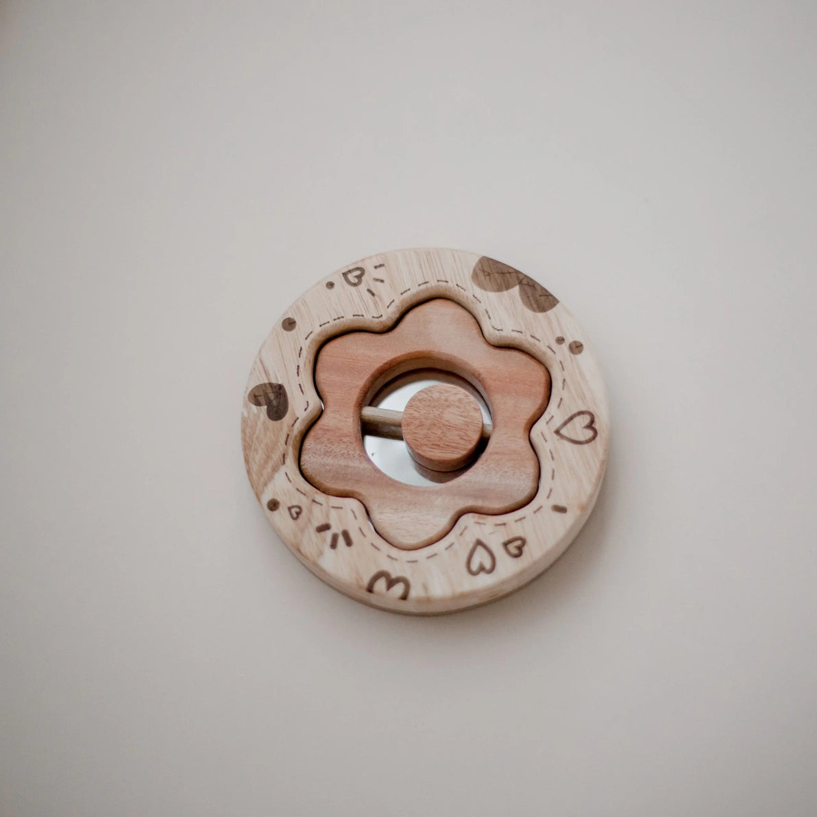 Natural Wooden baby flower rattle and mirror with hearts gift set