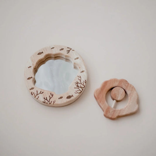 Wooden baby gift shell rattle and mirror with ocean theme design