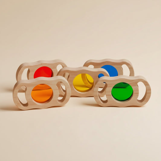 Wooden toy blocks with colored lenses 