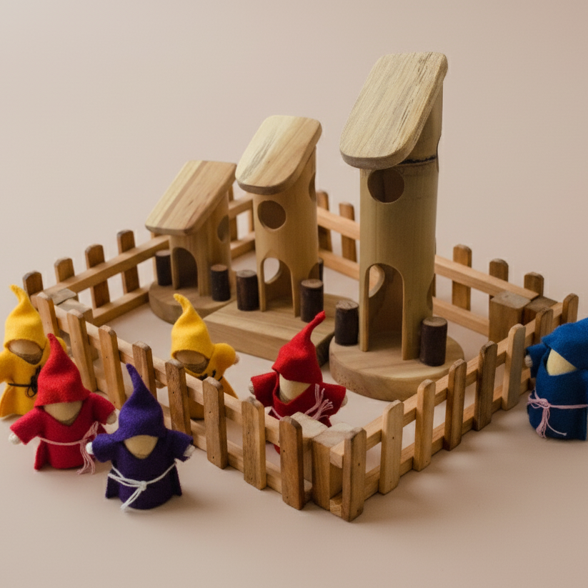 Qtoys Wooden toy fairy play set with fences and gnome dolls