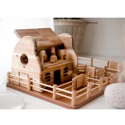 qtoys natural wooden farm barn animals and tractor playset