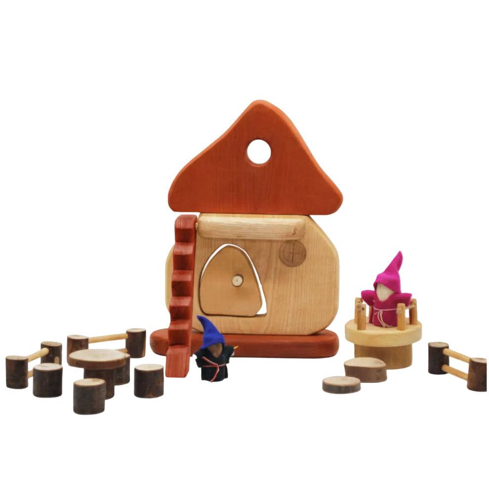 qtoys natural wooden mushroom house play set with dolls and accessories