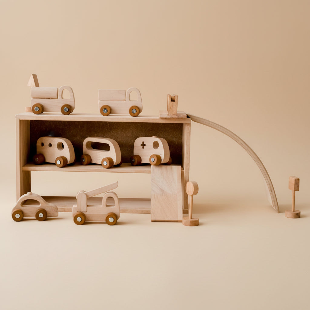 Set of wooden toy cars and trucks with a bridge and road signs