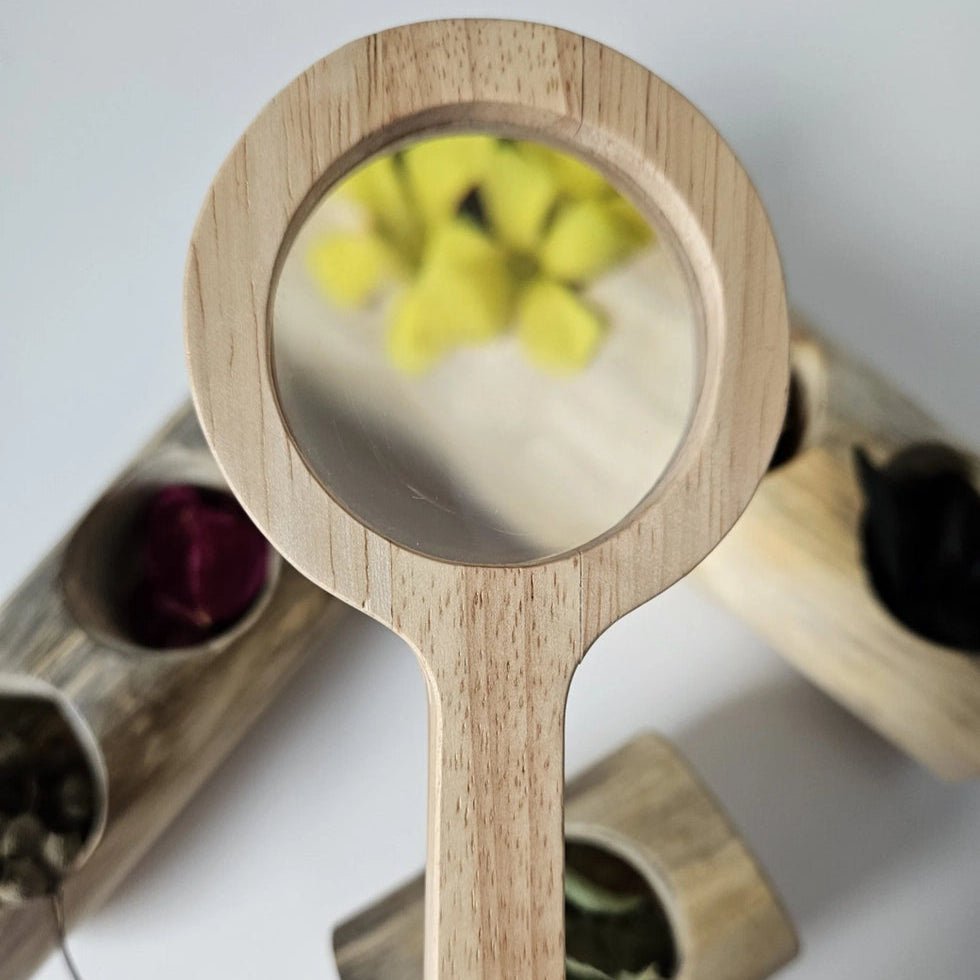 wooden magnifying glass close