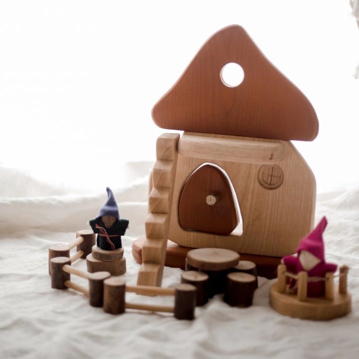 qtoys wooden mushroom house and gnomes close