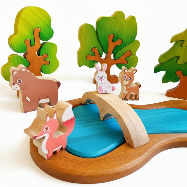 Qtoys woodland play set with trees, fox, bear, deer by a lake and a bunny on a bridge