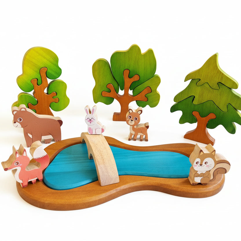 Wooden toy set with forest animals, trees  and a bridge over a river