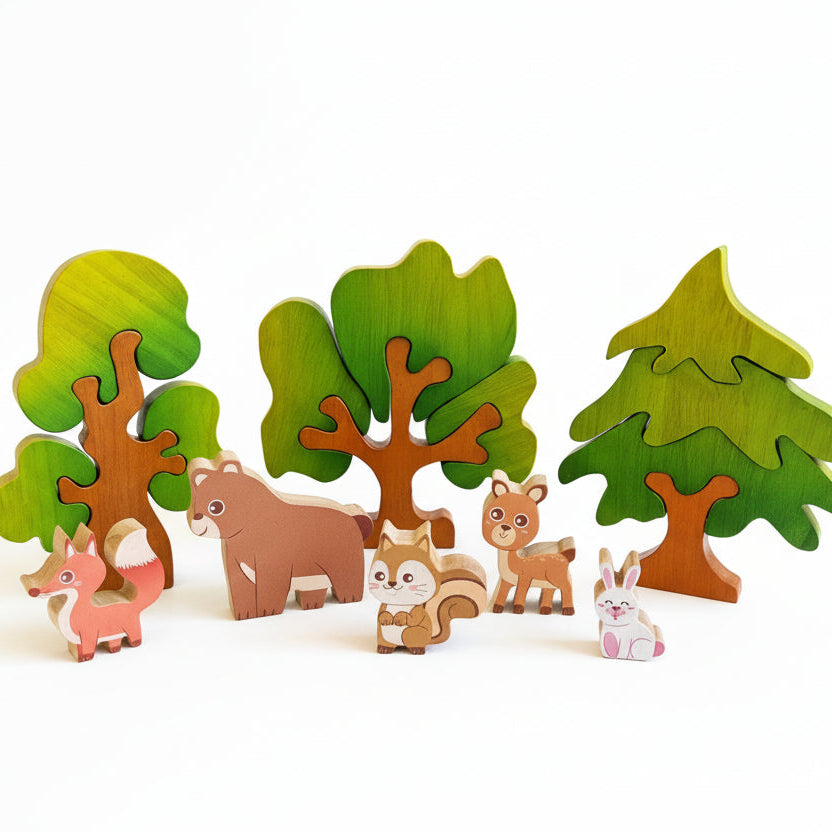 Set of wooden trees and animal figures including a fox, bear, squirrel, deer, and bunny 