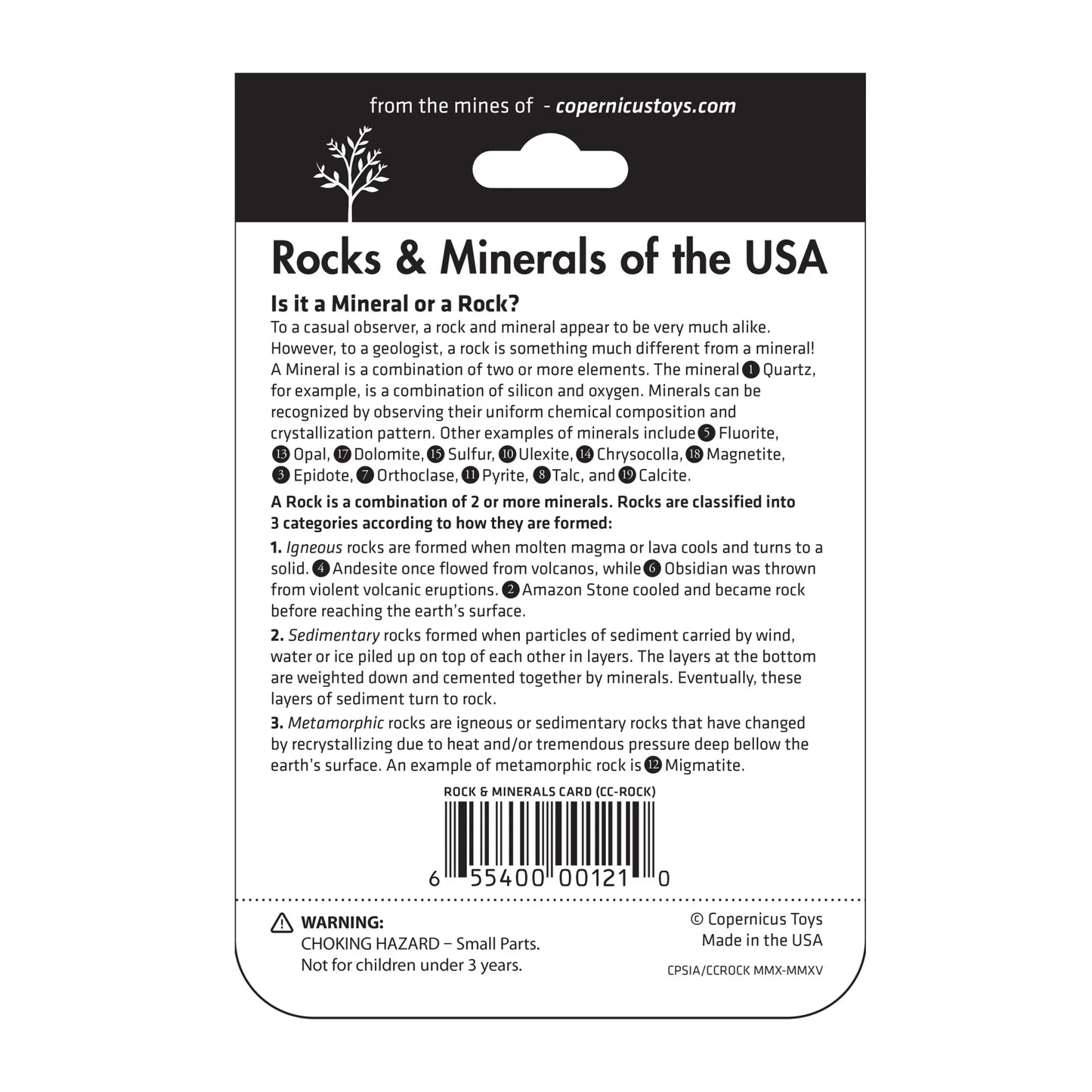 Back of a geology gift set for kids with educational text about rocks and minerals.