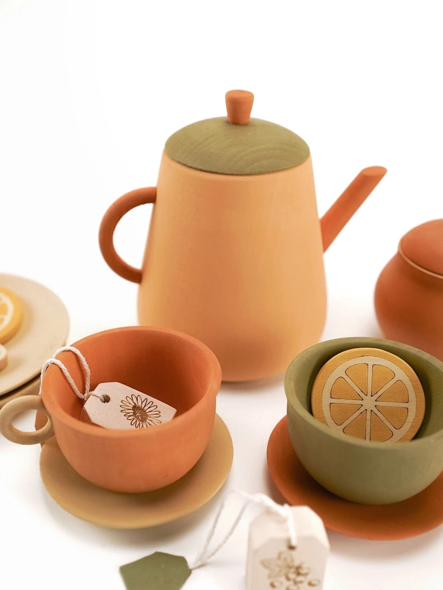 Sabo concepts wooden Tea set with teapot, cups, and sugar bowl