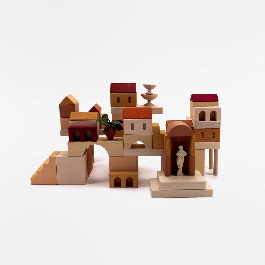 SABO Concept wooden toy blocks Italian Courtyard building set for kids in warm colors with columns, stairs, a fountain and a statue. 