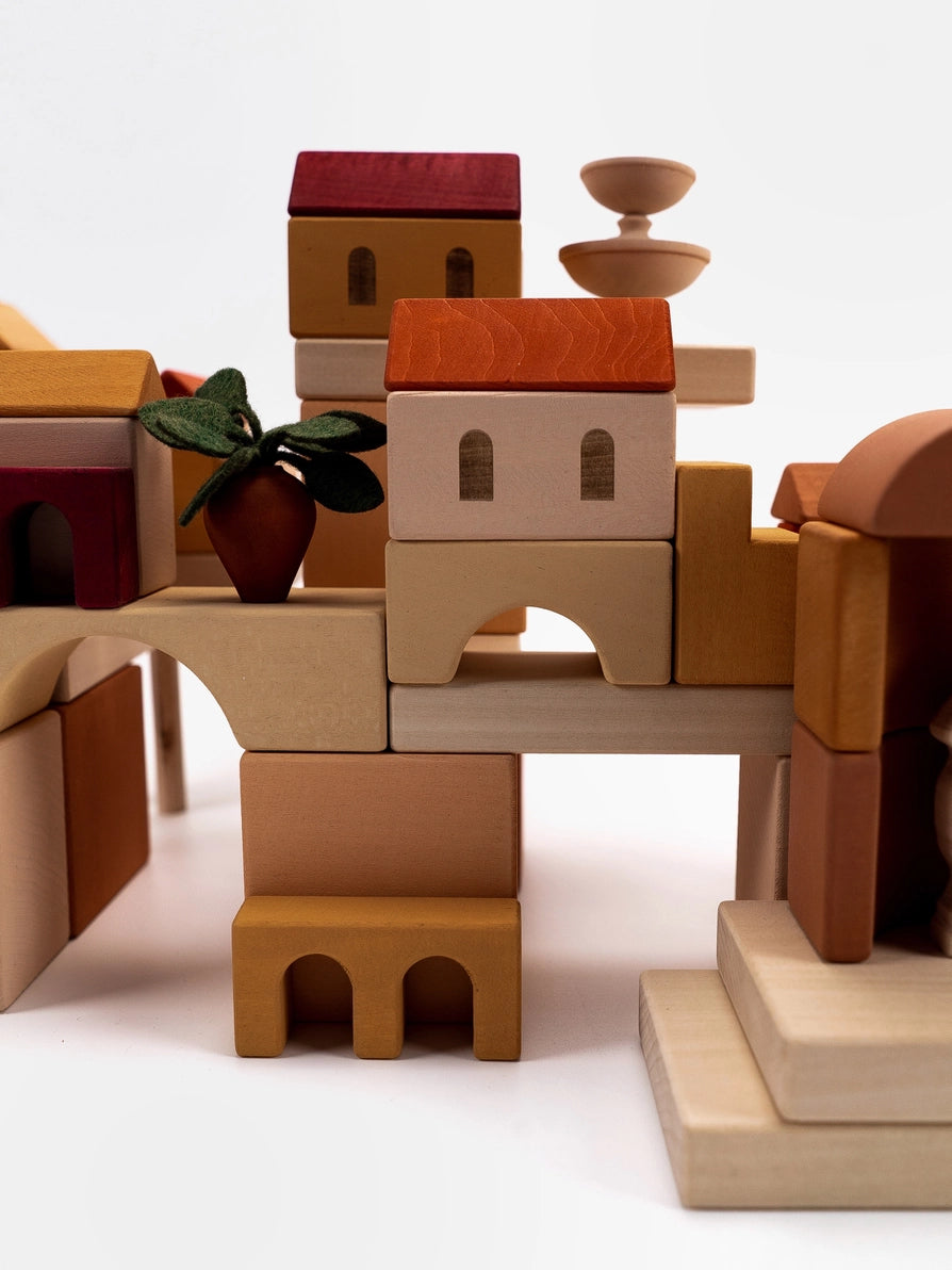 SABO Concept wooden toy blocks Italian Courtyard set for kids with buildings and a plant
