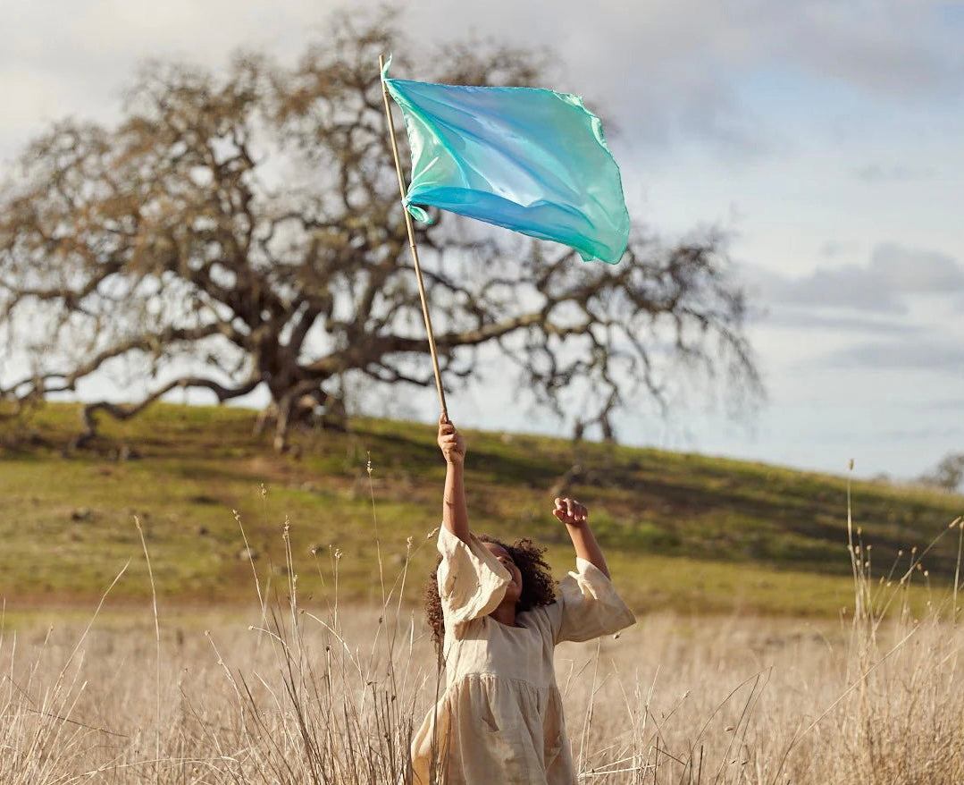 girl using sarah silks sea playsilk as a flag