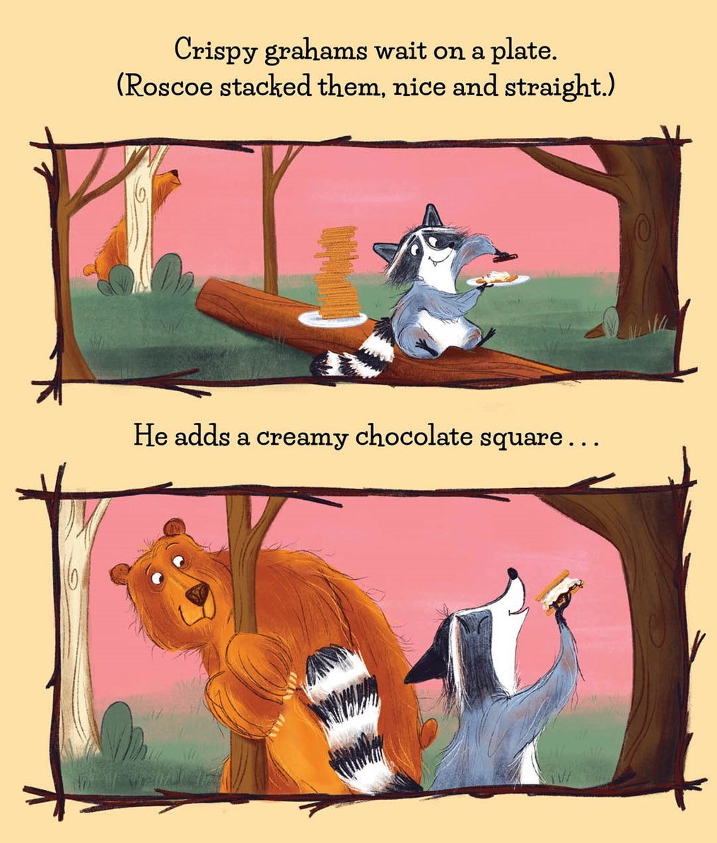 Make More S'mores children's picture book illustrated page showing a raccoon eating graham crackers on a log in a forest, with text above reading 'Crispy grahams wait on a plate. (Roscoe stacked them, nice and straight.