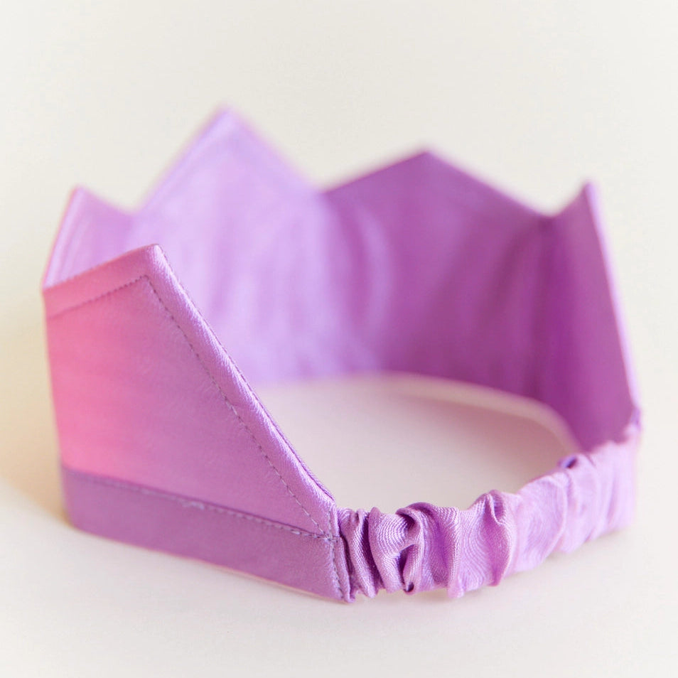 Sarah's Silks Blossom pink and purple crown showing the elastic back