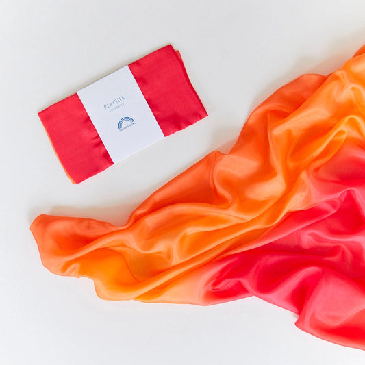 Sarah's Silks Fire Enchanted playsilk in red and orange. 