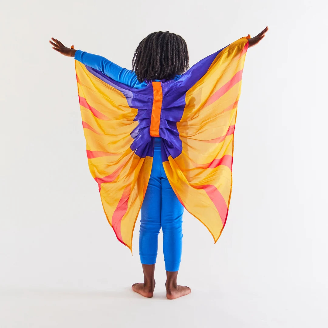 The back of a young child wearing Sarah's Silks Pterodactyl wings