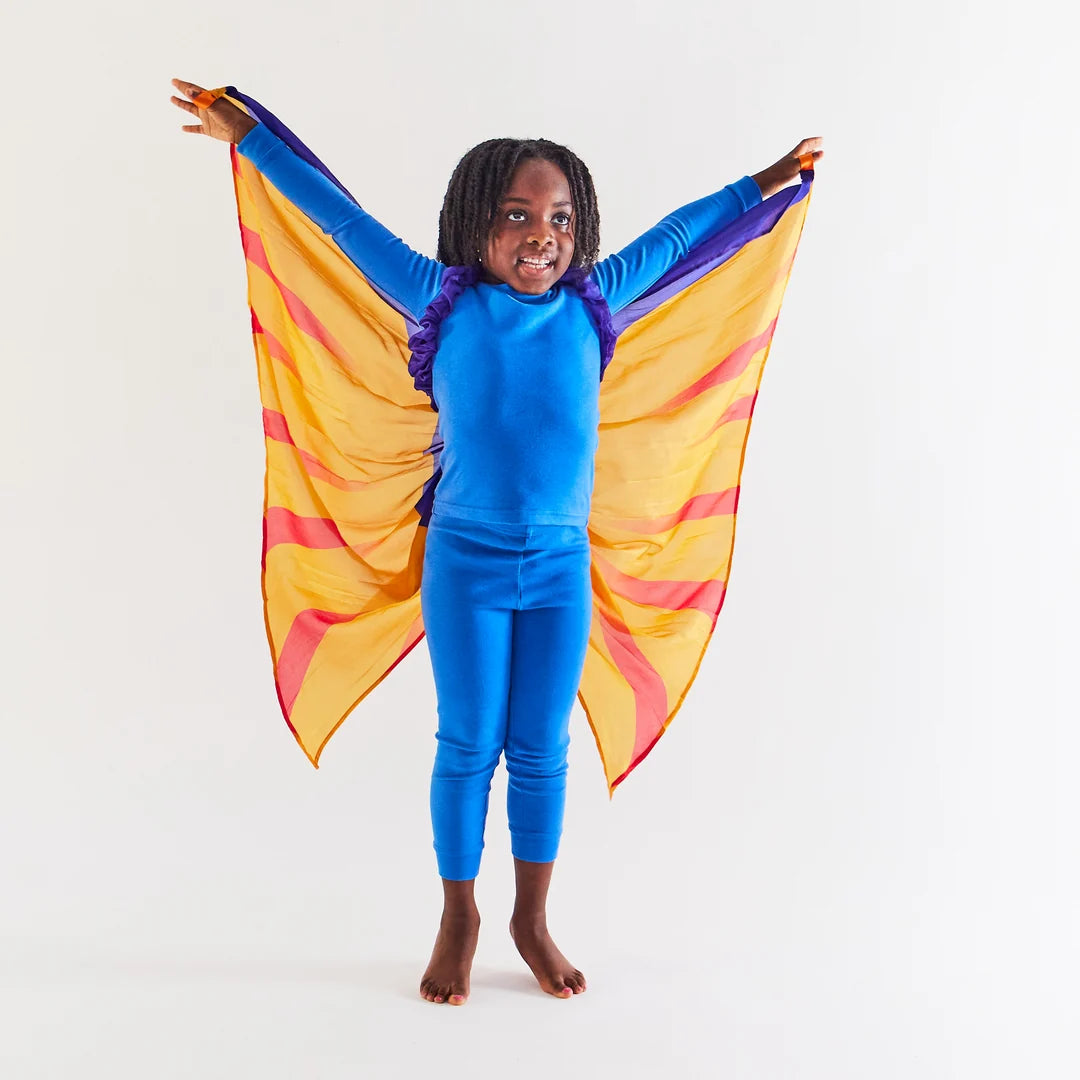 a young child wearing Sarah's Silks pterodactyl costume wings