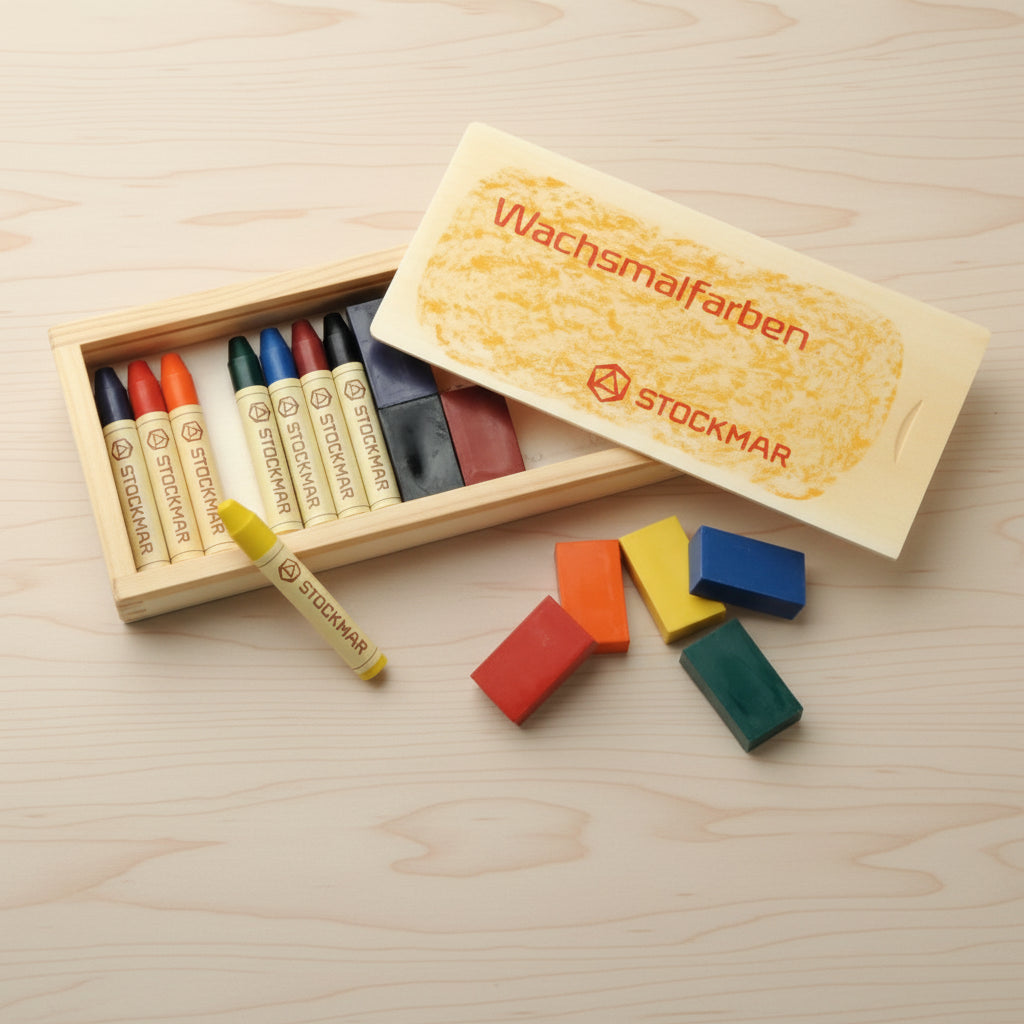 Set of Stockmar wax sticks and blocks crayons in a wooden box.