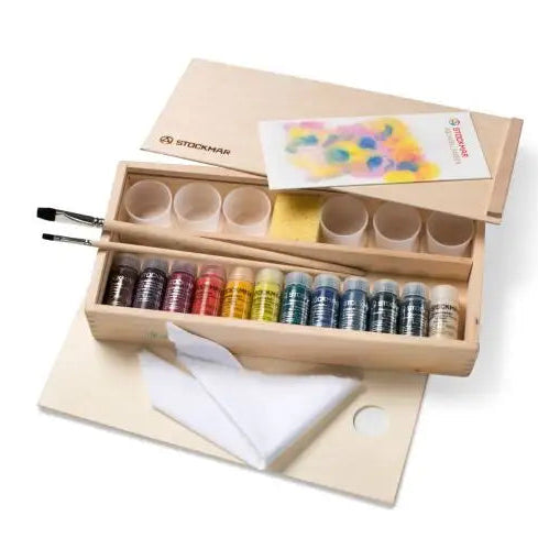 stockmar complete watercolor paint set with paintbrushes and accessories in a wooden box