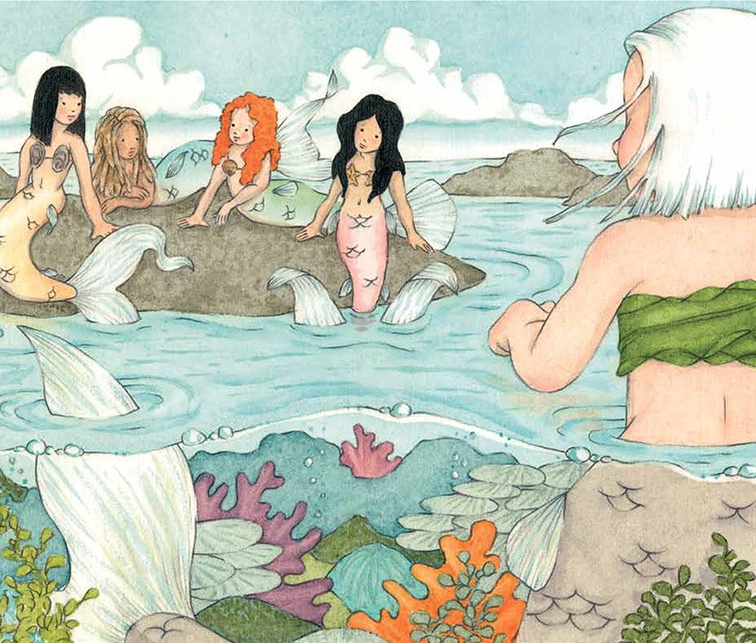  'Tallulah, Mermaid of the Great Lakes' children's picture book illustrated page featuring mermaid with different colored tails sitting on rocks in the ocean.