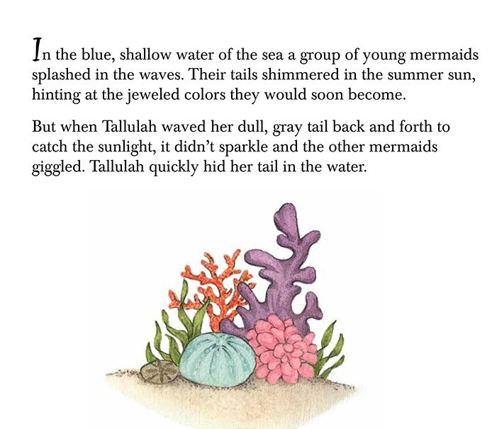  'Tallulah, Mermaid of the Great Lakes' children's picture book illustrated page featuring a colorful underwater illustration with coral, a blue sea urchin, and a purple sea anemone.