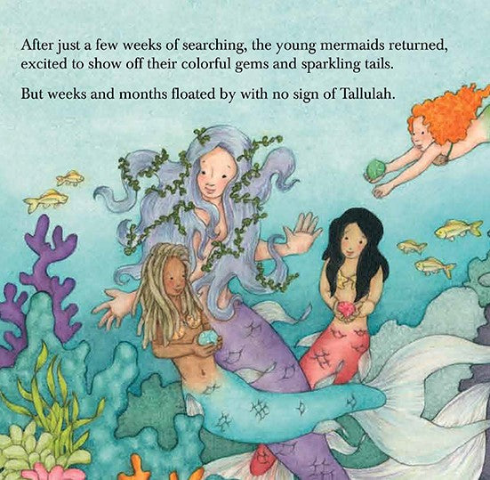  'Tallulah, Mermaid of the Great Lakes' children's picture book illustrated page featuring three young mermaids underwater with coral, fish, and a blue whale.