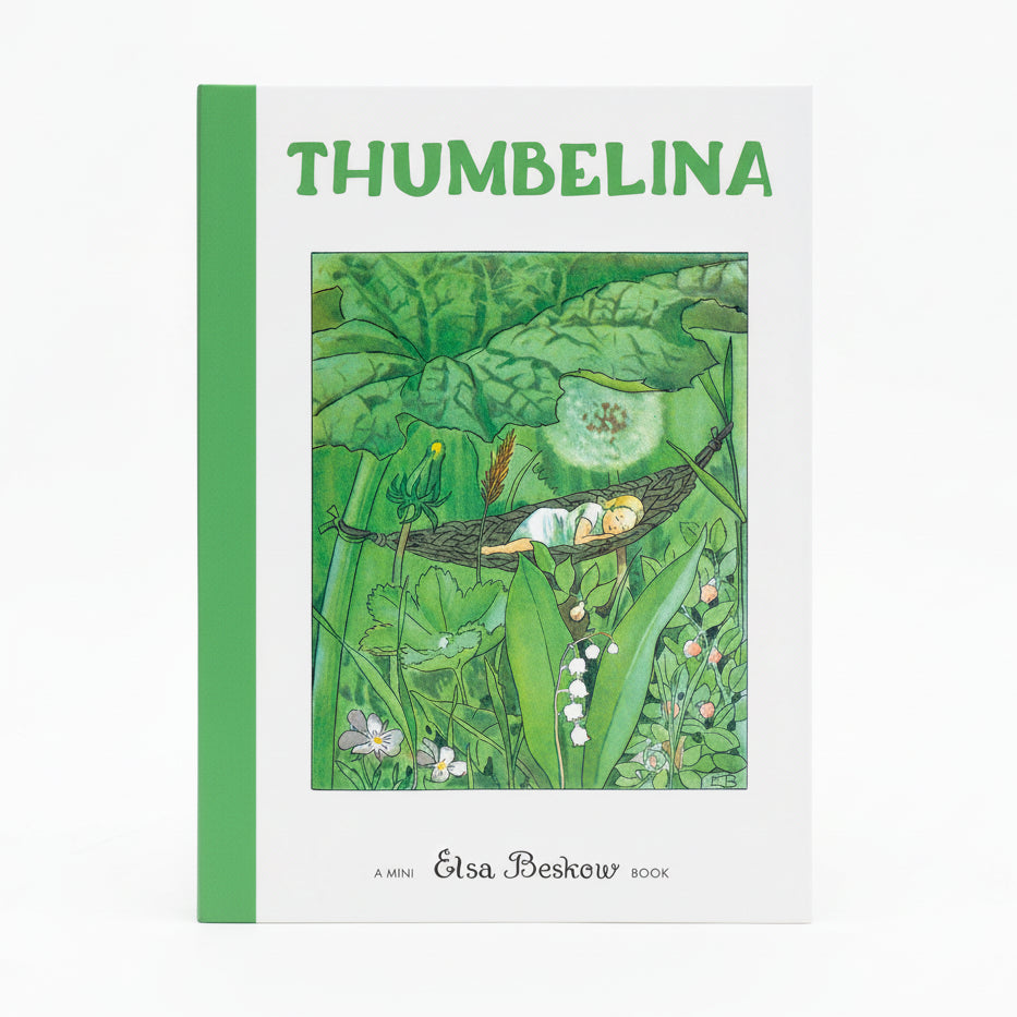 Children's book 'THUMBELINA' with an illustrated scene of a child lying in a hammock among large green leaves and flowers. The text 'A MINI Elsa Beskow BOOK' appears at the bottom.