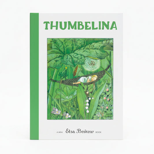Children's book 'THUMBELINA' with an illustrated scene of a child lying in a hammock among large green leaves and flowers. The text 'A MINI Elsa Beskow BOOK' appears at the bottom.