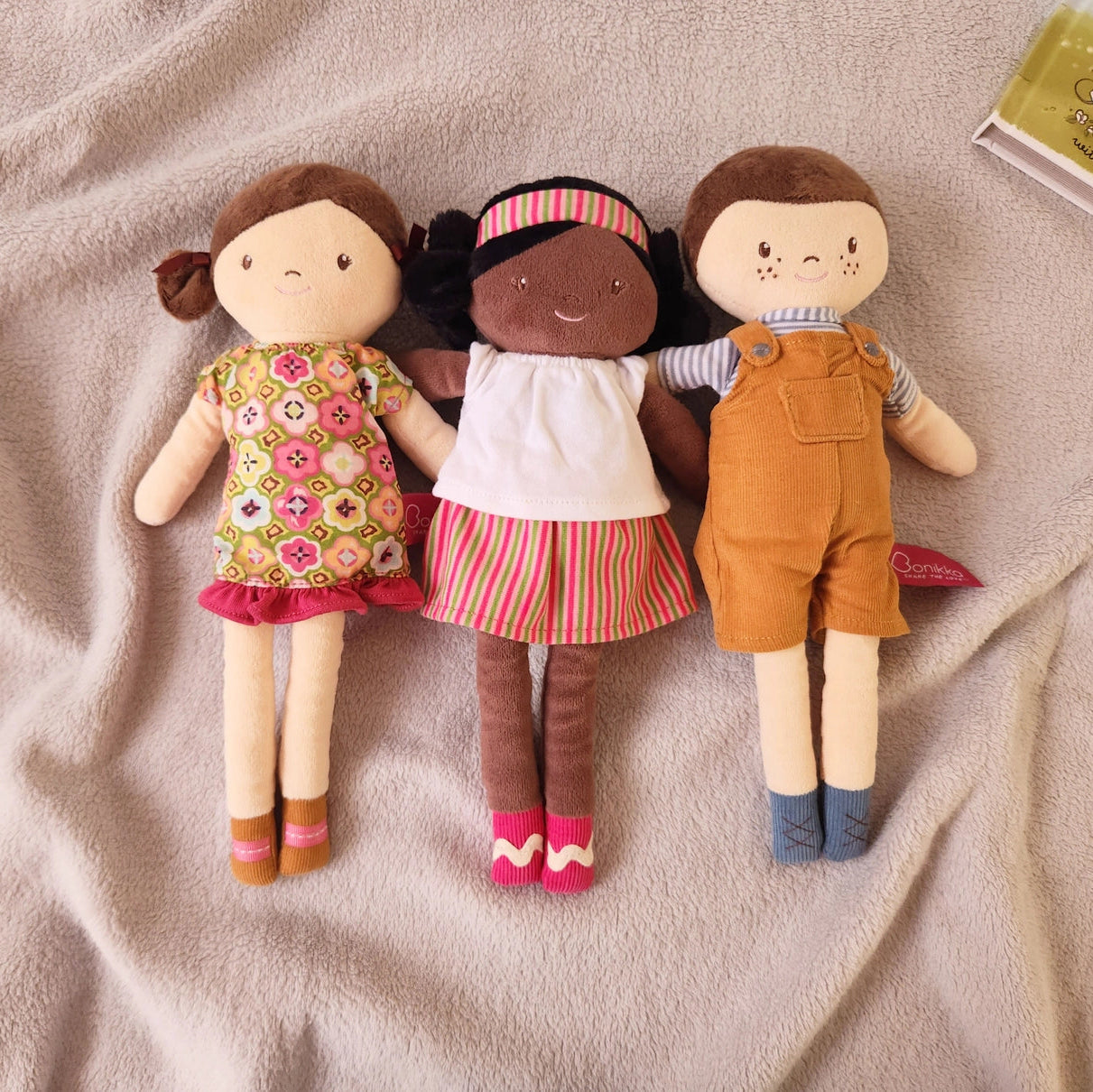 bonikka handmade rag dolls, light skin doll, black doll, and boy doll