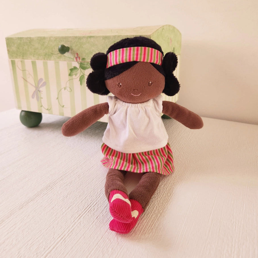 bonikka handmade black rag doll wearing a striped dress and headband