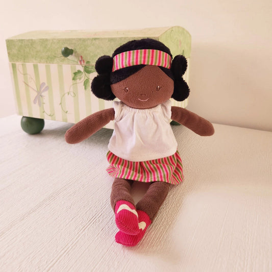 bonikka handmade black rag doll wearing a striped dress and headband