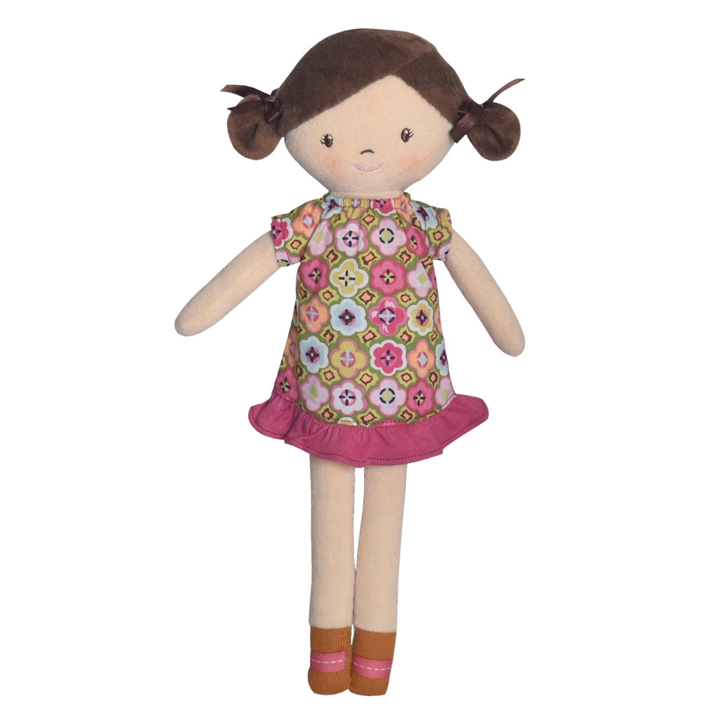 handmade rag doll with brown hair and eyes, embroidered features and a floral dress
