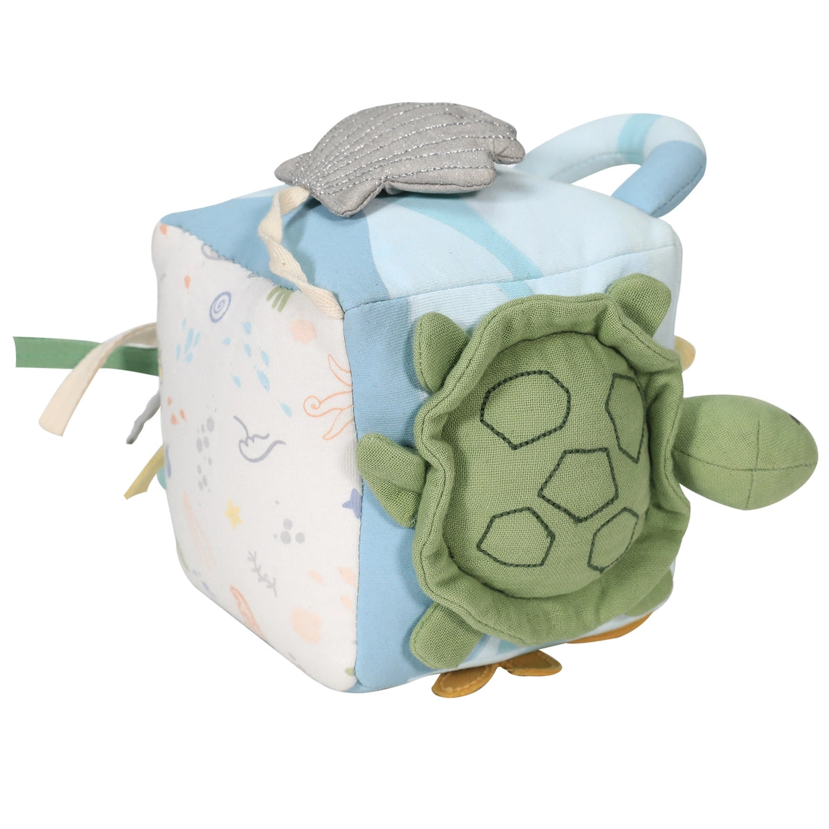Organic ocean plush toy activity cube with a turtle and a fish  