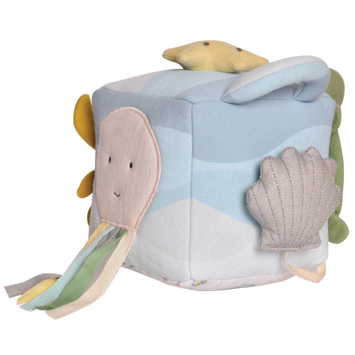 Organic Toy ocean activity cube with an octopus, star fish and a seashell. 