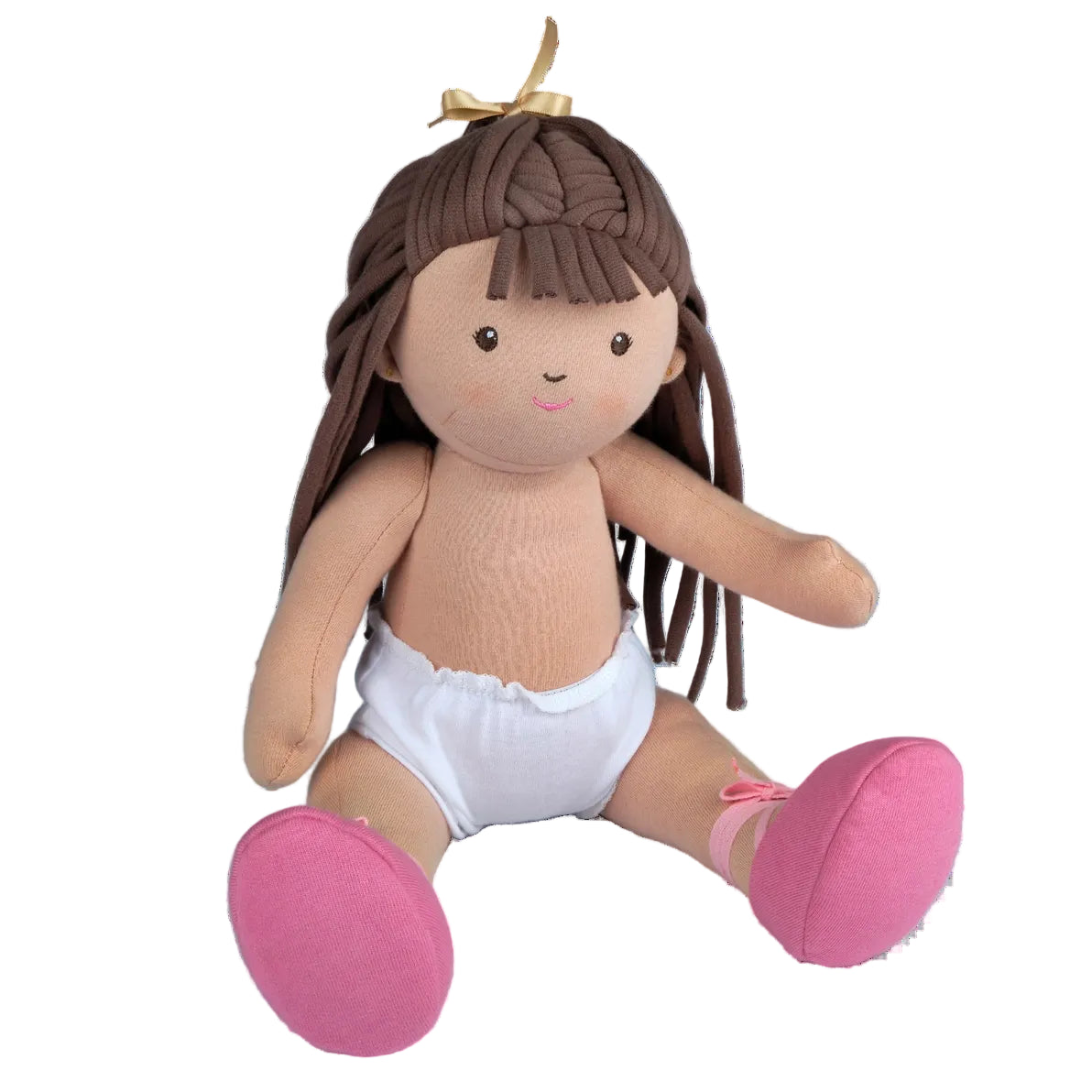 Soft Plush jointed doll with brown hair, white diaper, and pink shoes 