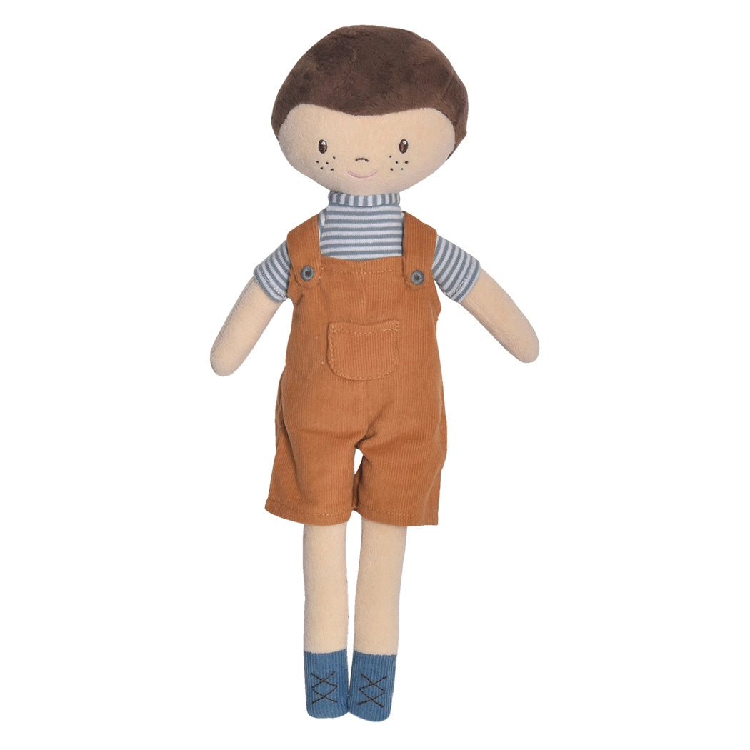 Bonikka handmade boy doll with brown hair wearing dungarees