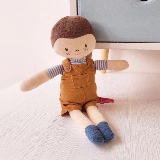 handmade boy rag doll in yellow dungarees