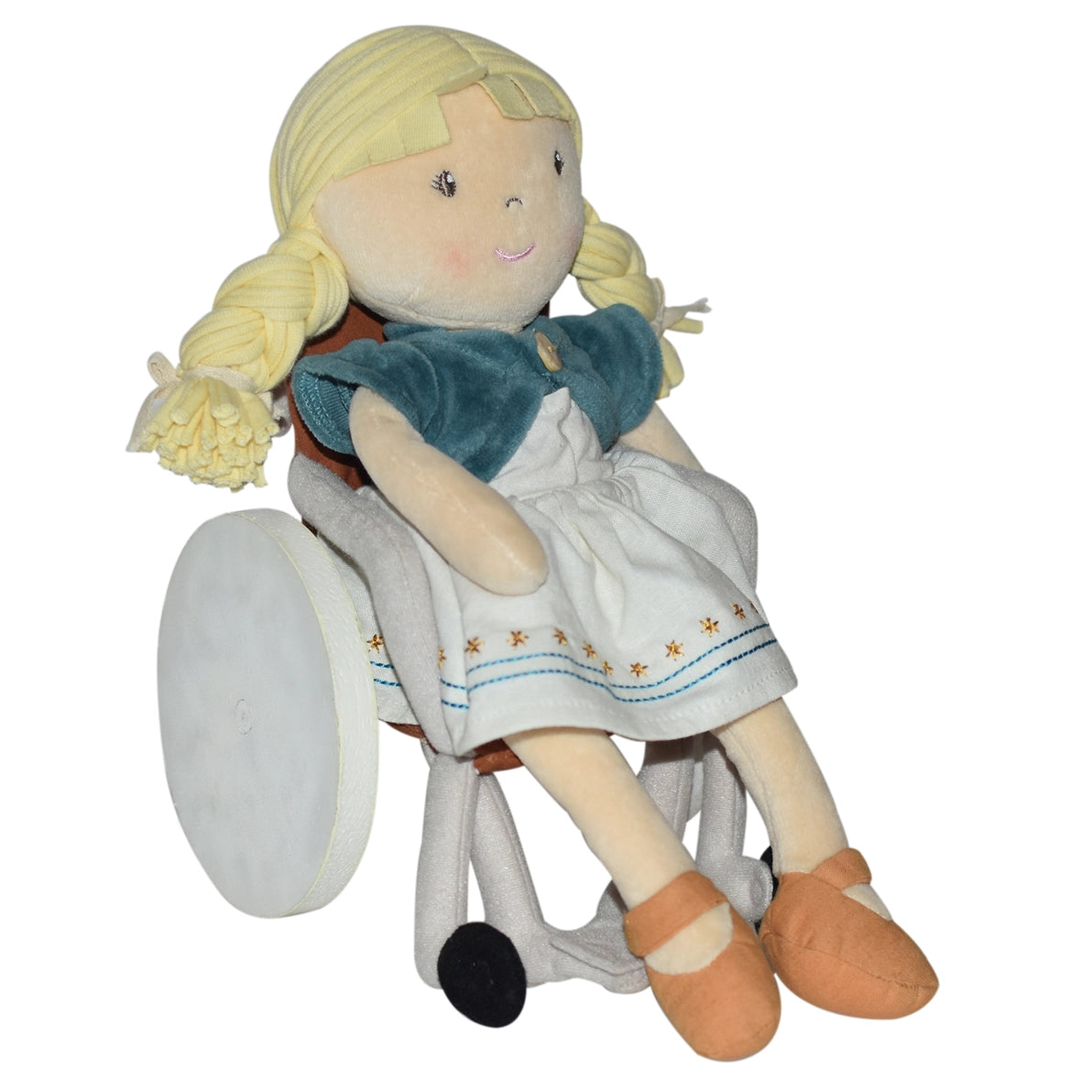 Plush doll with blonde hair in a toy wheelchair with wooden wheels