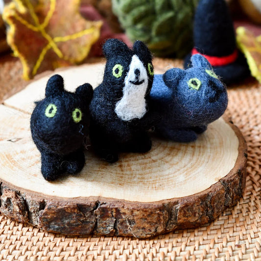 tara treasures handmade felt toy cats in black, gray, and white
