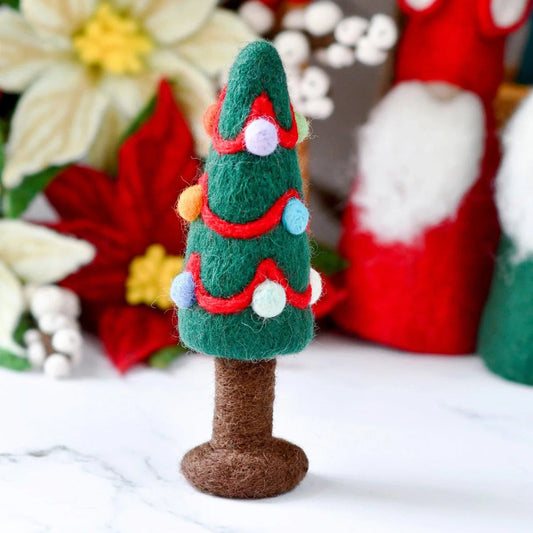 Tara Treasures felt Christmas tree toy decorated with a red garland and colorful ornaments.