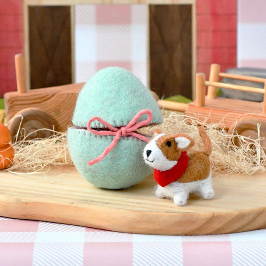 Tara Treasures Surprise felt Easter egg with a toy Corgi puppy dog inside