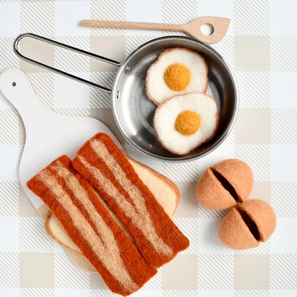 Tara Treasures felt toys play food breakfast set with eggs, bacon, and toast